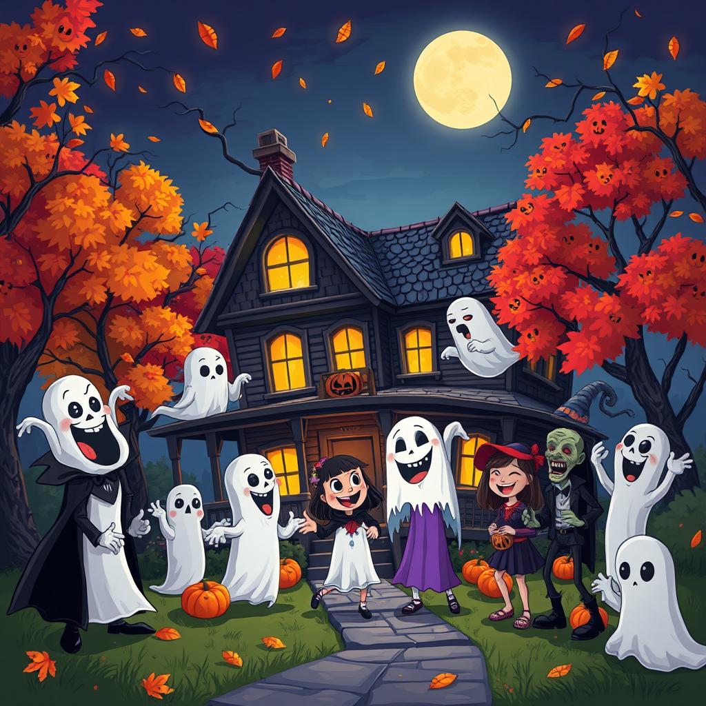 A spooky and comedic Halloween-themed illustration depicting a haunted house with playful ghosts and mischievous monsters having fun