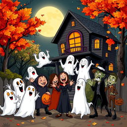 A spooky and comedic Halloween-themed illustration depicting a haunted house with playful ghosts and mischievous monsters having fun