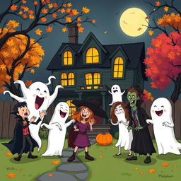 A spooky and comedic Halloween-themed illustration depicting a haunted house with playful ghosts and mischievous monsters having fun