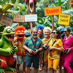 A whimsical scene where a group of cartoonish monsters is hilariously trying to scare a group of clueless tourists