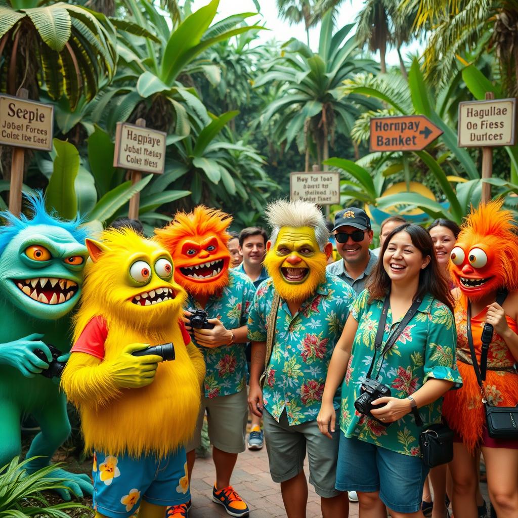 A whimsical scene where a group of cartoonish monsters is hilariously trying to scare a group of clueless tourists