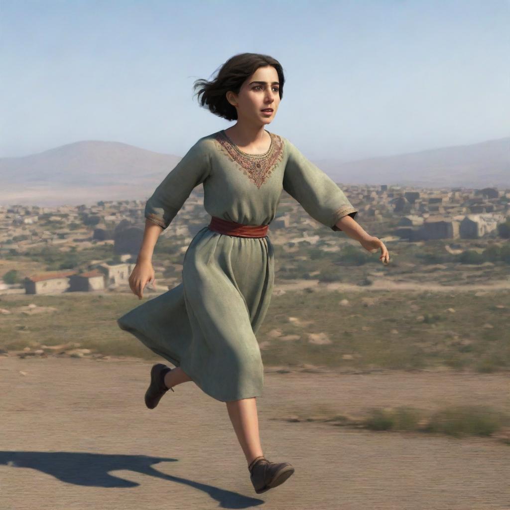 A 16-year-old animated Armenian girl with short hair and traditional clothing, running scared. The view is strictly from the back, showcasing her fleet footed escape.