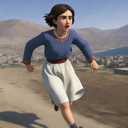 A 16-year-old animated Armenian girl with short hair and traditional clothing, running scared. The view is strictly from the back, showcasing her fleet footed escape.