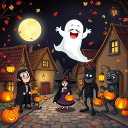 A whimsical and spooky scene featuring a playful ghost playing pranks on unsuspecting characters in a small, charming village during Halloween