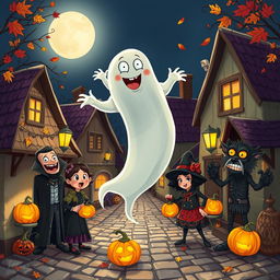 A whimsical and spooky scene featuring a playful ghost playing pranks on unsuspecting characters in a small, charming village during Halloween