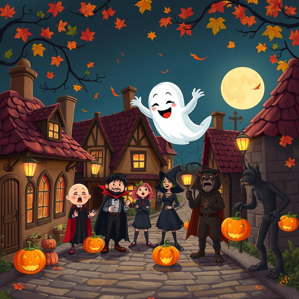 A whimsical and spooky scene featuring a playful ghost playing pranks on unsuspecting characters in a small, charming village during Halloween