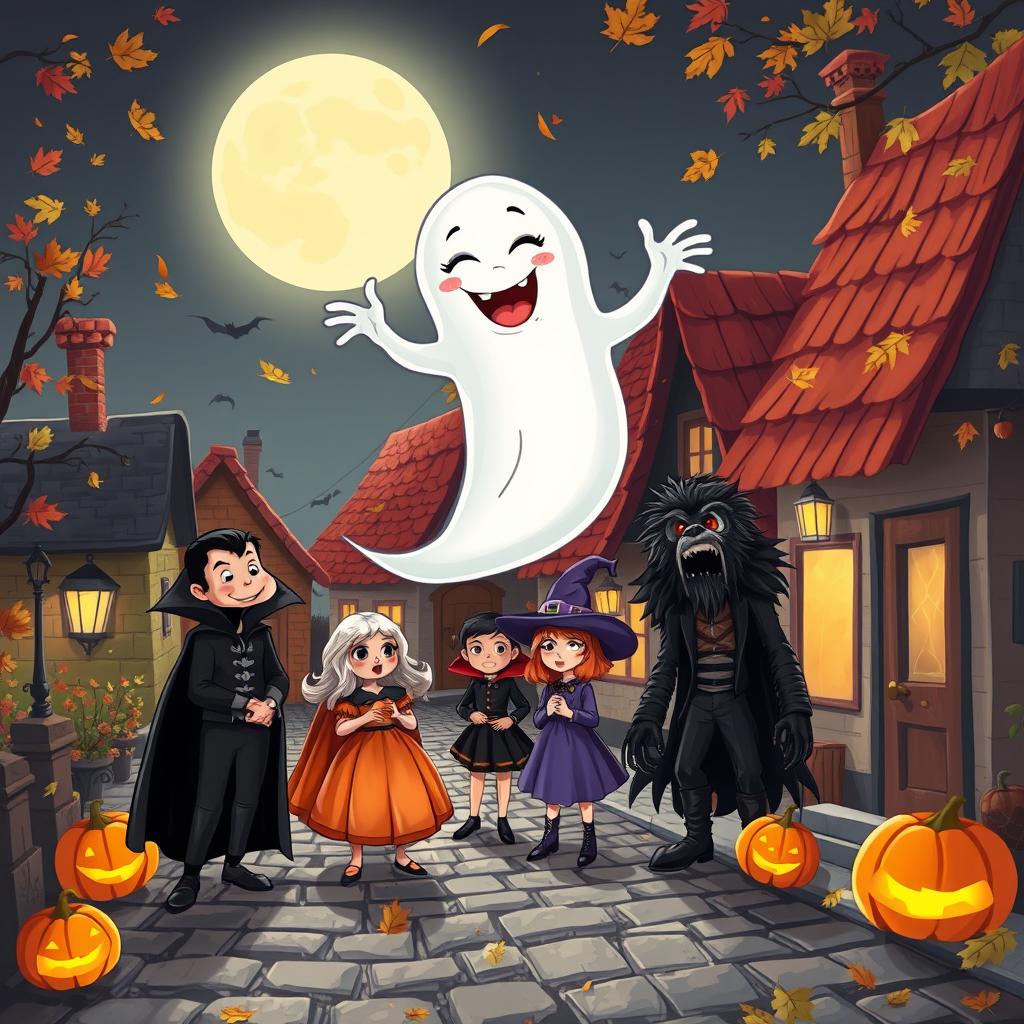 A whimsical and spooky scene featuring a playful ghost playing pranks on unsuspecting characters in a small, charming village during Halloween