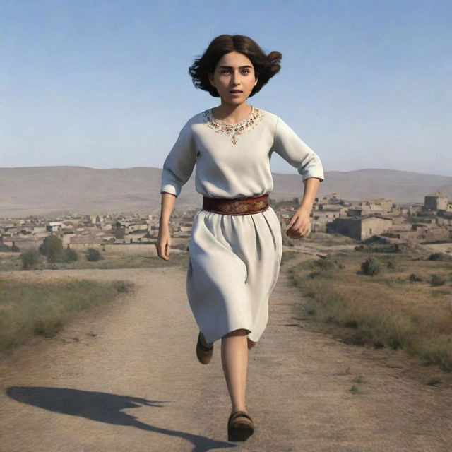 A 16-year-old animated Armenian girl with short hair and traditional clothing, running scared. The view is strictly from the back, showcasing her fleet footed escape.