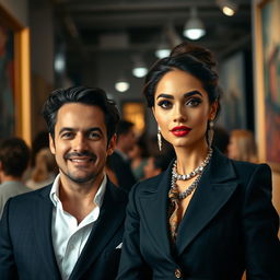 A handsome successful man standing confidently with a captivating smile, alongside a beautiful Spanish woman with an artistic flair, dressed elegantly with a graceful demeanor