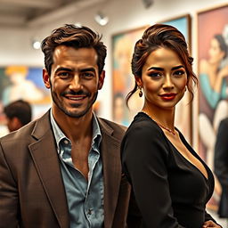 A handsome successful man standing confidently with a captivating smile, alongside a beautiful Spanish woman with an artistic flair, dressed elegantly with a graceful demeanor