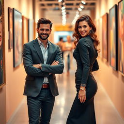 A handsome successful man standing confidently with a captivating smile, alongside a beautiful Spanish woman with an artistic flair, dressed elegantly with a graceful demeanor