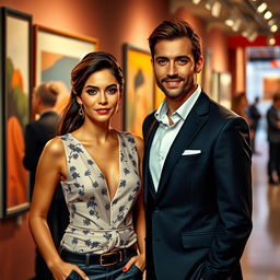 A handsome successful man standing confidently with a captivating smile, alongside a beautiful Spanish woman with an artistic flair, dressed elegantly with a graceful demeanor