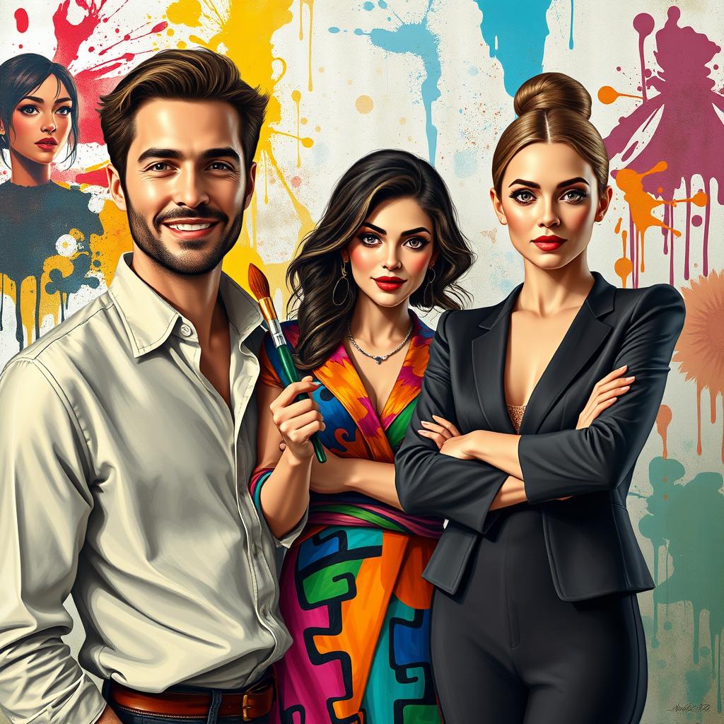 A handsome and successful man, a beautiful Spanish woman artist with stunning features, and a beautiful haughty rival woman with an air of confidence, all in an artistically vibrant scene