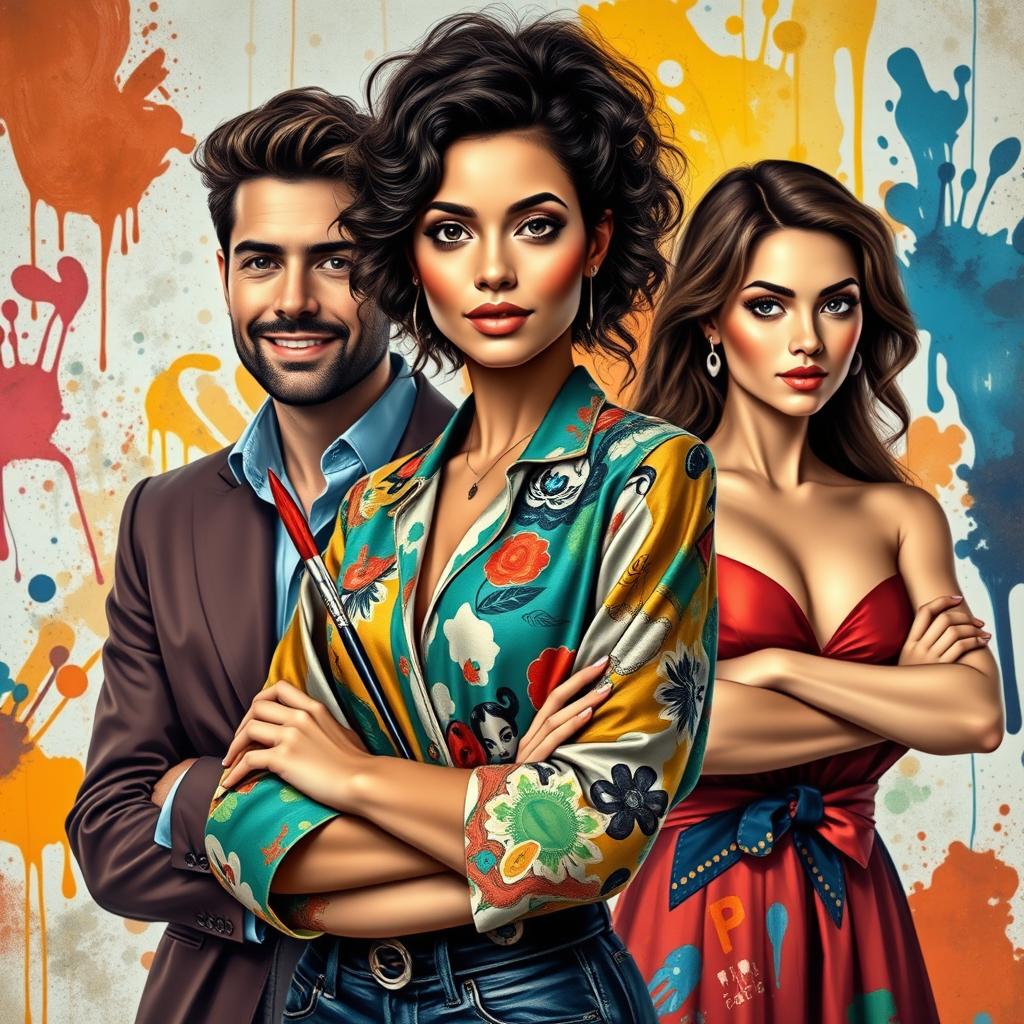 A handsome and successful man, a beautiful Spanish woman artist with stunning features, and a beautiful haughty rival woman with an air of confidence, all in an artistically vibrant scene