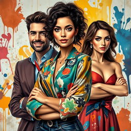 A handsome and successful man, a beautiful Spanish woman artist with stunning features, and a beautiful haughty rival woman with an air of confidence, all in an artistically vibrant scene