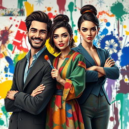 A handsome and successful man, a beautiful Spanish woman artist with stunning features, and a beautiful haughty rival woman with an air of confidence, all in an artistically vibrant scene