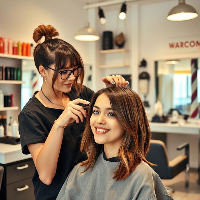 A modern and stylish hair salon interior showcasing hair transformation