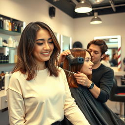 A modern and stylish hair salon interior showcasing hair transformation