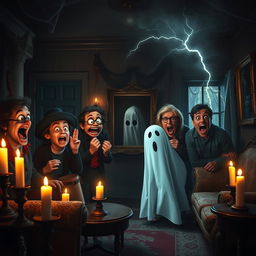 A thrilling yet comedic scene from a horror movie, featuring a group of quirky characters in a dimly lit haunted house with spooky decorations and cobwebs