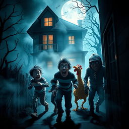 A spooky yet comedic scene from a horror movie, featuring a haunted house with exaggerated features like crooked windows, creepy trees, and fog creeping around