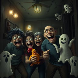 A realistic comedy horror scene featuring a group of quirky friends trapped in a dark, spooky house filled with humorous yet terrifying elements