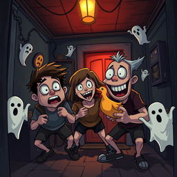 A realistic comedy horror scene featuring a group of quirky friends trapped in a dark, spooky house filled with humorous yet terrifying elements