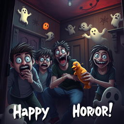 A realistic comedy horror scene featuring a group of quirky friends trapped in a dark, spooky house filled with humorous yet terrifying elements