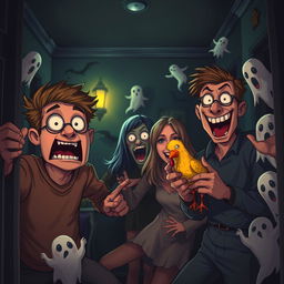 A realistic comedy horror scene featuring a group of quirky friends trapped in a dark, spooky house filled with humorous yet terrifying elements