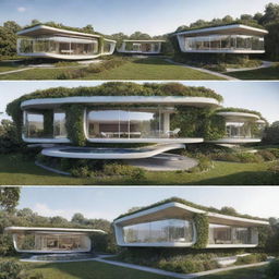 Futuristic homes from 100 years in the future. These houses feature advanced sustainable technologies, solar panels, vertical gardens, and holographic windows. Rooms dynamically adapt to user needs with AI-enabled smart systems, combining luxury and eco-friendliness.