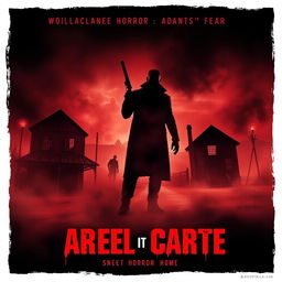 A terrifying cartel-themed horror movie poster, featuring a dark, menacing landscape with a silhouette of a sinister figure holding a weapon, surrounded by eerie fog