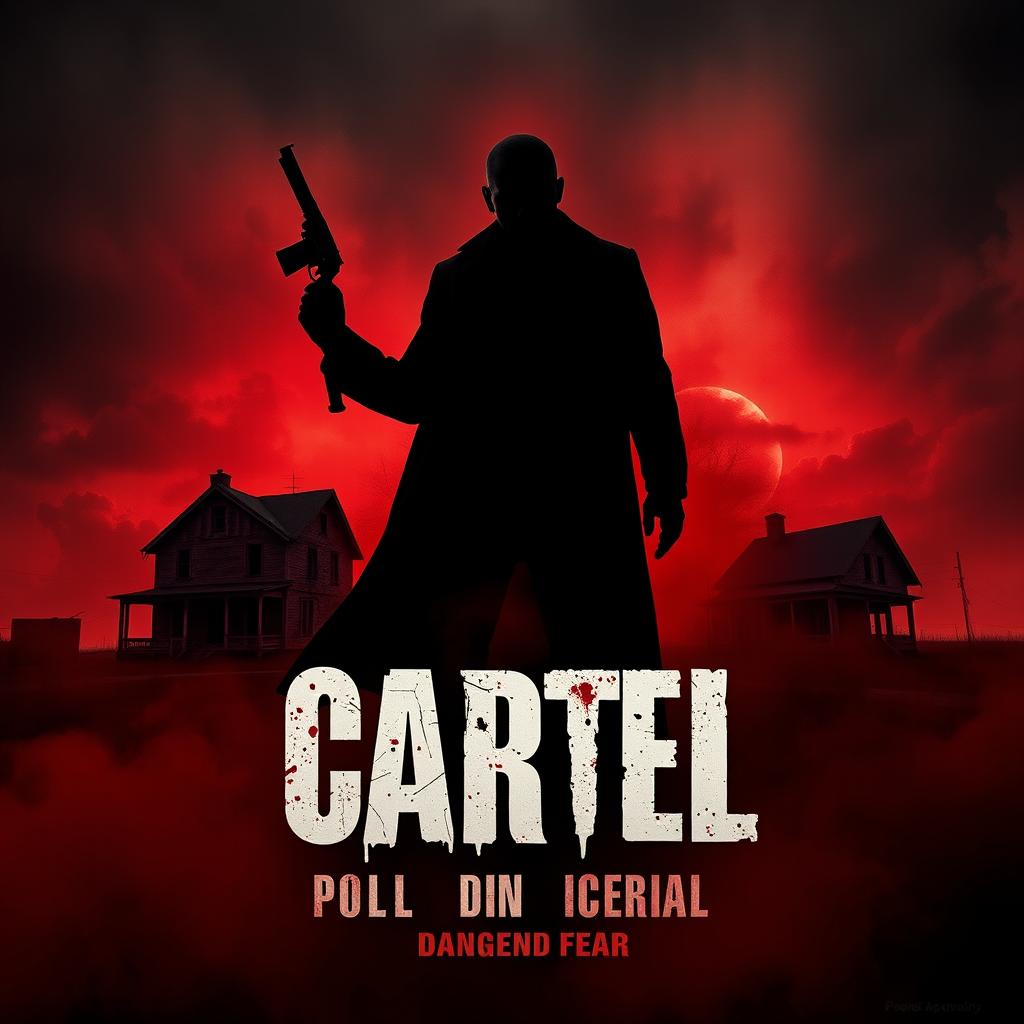 A terrifying cartel-themed horror movie poster, featuring a dark, menacing landscape with a silhouette of a sinister figure holding a weapon, surrounded by eerie fog