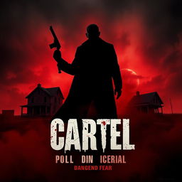 A terrifying cartel-themed horror movie poster, featuring a dark, menacing landscape with a silhouette of a sinister figure holding a weapon, surrounded by eerie fog