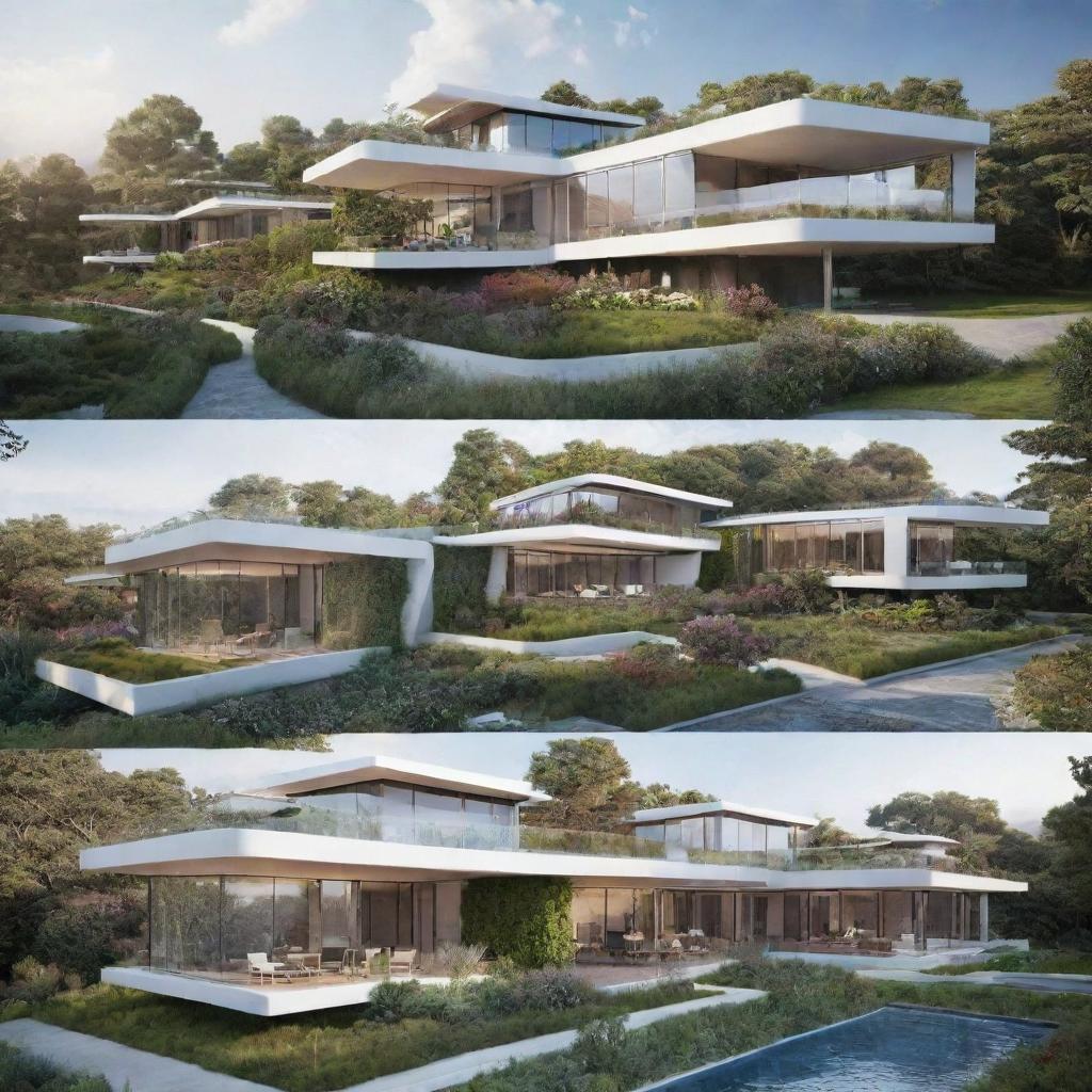 Futuristic homes from 100 years in the future. These houses feature advanced sustainable technologies, solar panels, vertical gardens, and holographic windows. Rooms dynamically adapt to user needs with AI-enabled smart systems, combining luxury and eco-friendliness.