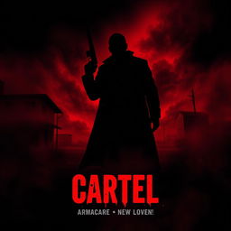 A terrifying cartel-themed horror movie poster, featuring a dark, menacing landscape with a silhouette of a sinister figure holding a weapon, surrounded by eerie fog