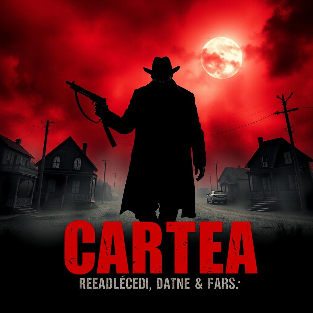 A terrifying cartel-themed horror movie poster, featuring a dark, menacing landscape with a silhouette of a sinister figure holding a weapon, surrounded by eerie fog