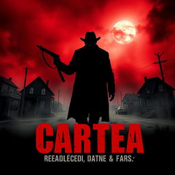 A terrifying cartel-themed horror movie poster, featuring a dark, menacing landscape with a silhouette of a sinister figure holding a weapon, surrounded by eerie fog