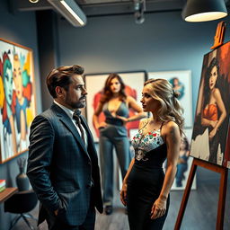 A scene with a handsome, successful man stands confidently in a stylish office, alongside a beautiful Czech woman with striking features, dressed as an artist, adorned with paint splatters on her elegant attire