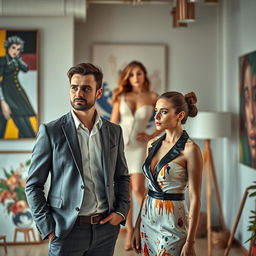 A scene with a handsome, successful man stands confidently in a stylish office, alongside a beautiful Czech woman with striking features, dressed as an artist, adorned with paint splatters on her elegant attire