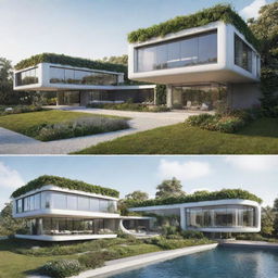 Futuristic homes from 100 years in the future. These houses feature advanced sustainable technologies, solar panels, vertical gardens, and holographic windows. Rooms dynamically adapt to user needs with AI-enabled smart systems, combining luxury and eco-friendliness.