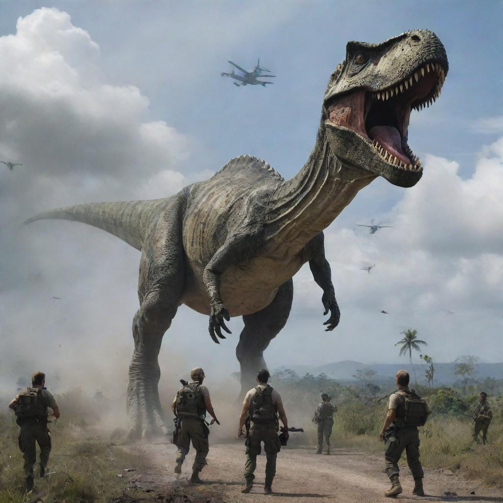 Under the protection of the government, the visitors make their departure from the calamitous island in a combat aircraft, leaving behind the tumultuous dinosaur realm that came to symbolize their incredible fight for survival.