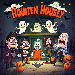 A quirky horror comedy movie poster featuring a haunted house with a whimsical twist, where goofy ghosts are playfully interacting with a group of terrified but amusingly confused characters