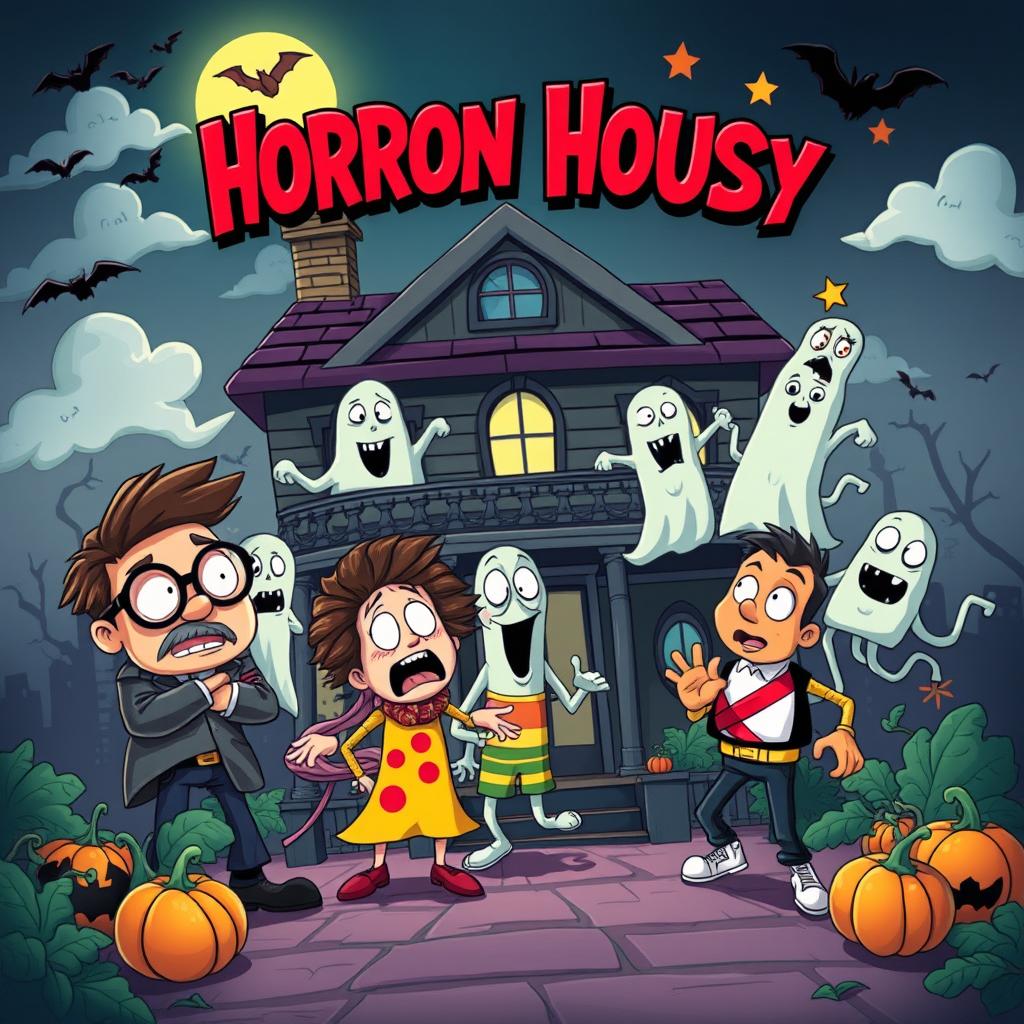 A quirky horror comedy movie poster featuring a haunted house with a whimsical twist, where goofy ghosts are playfully interacting with a group of terrified but amusingly confused characters