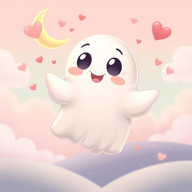 A cute cartoon-style ghost floating playfully in a whimsical, pastel-colored environment