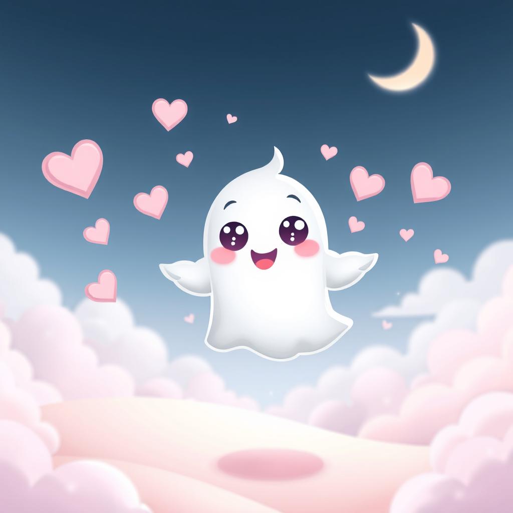 A cute cartoon-style ghost floating playfully in a whimsical, pastel-colored environment