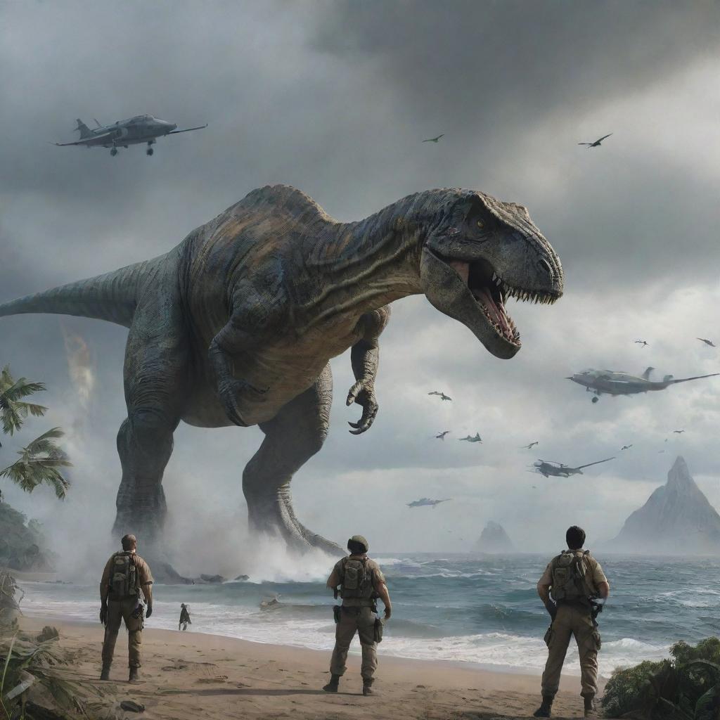 Under the protection of the government, the visitors make their departure from the calamitous island in a combat aircraft, leaving behind the tumultuous dinosaur realm that came to symbolize their incredible fight for survival.