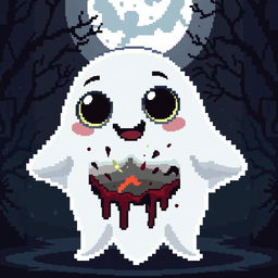 A pixel art style ghost that appears cute and friendly on the outside, featuring big, round eyes and a playful expression