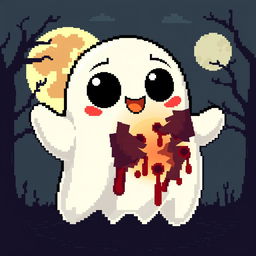 A pixel art style ghost that appears cute and friendly on the outside, featuring big, round eyes and a playful expression