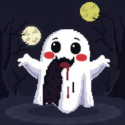 A pixel art style ghost that appears cute and friendly on the outside, featuring big, round eyes and a playful expression