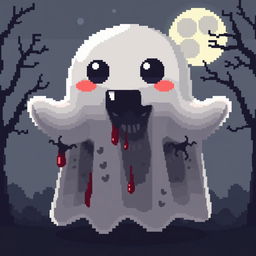 A pixel art style ghost that appears cute and friendly on the outside, featuring big, round eyes and a playful expression