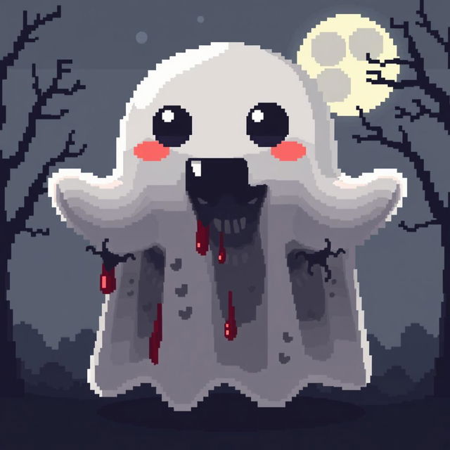 A pixel art style ghost that appears cute and friendly on the outside, featuring big, round eyes and a playful expression